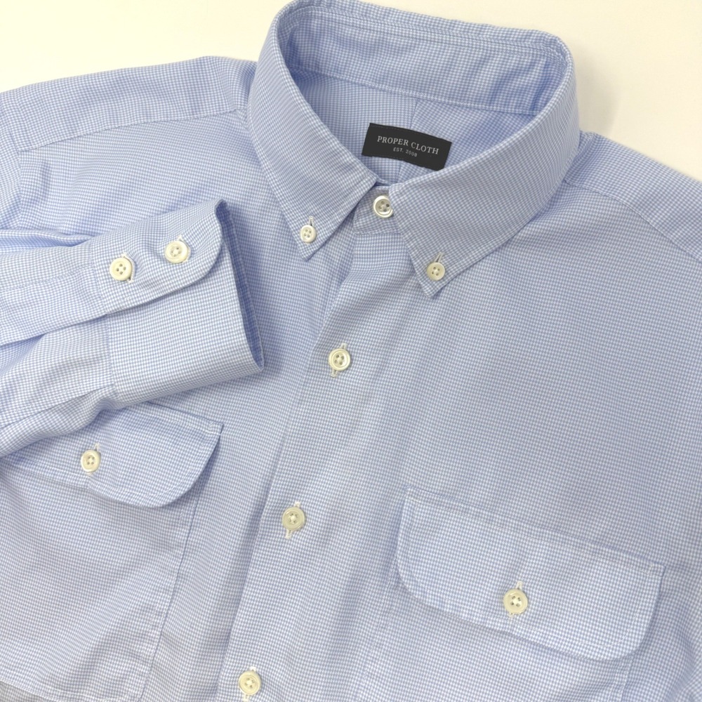 Proper Cloth Mens Small Light Blue Micro Check‎ Button Down Shirt Flap Pockets